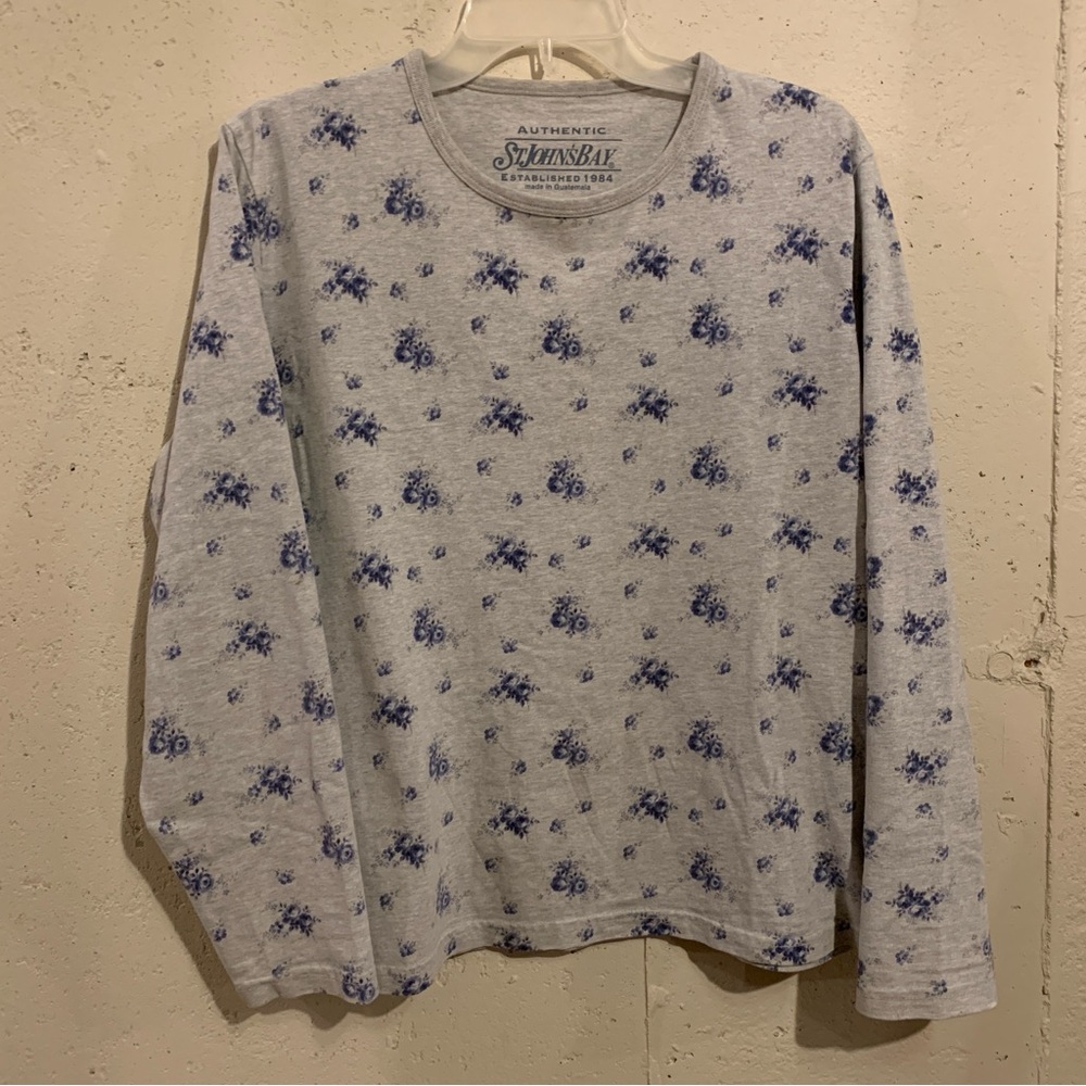 100% Cotton Shirt Long Sleeve Top St Johns Bay Gray Blue Floral Size XL Petite